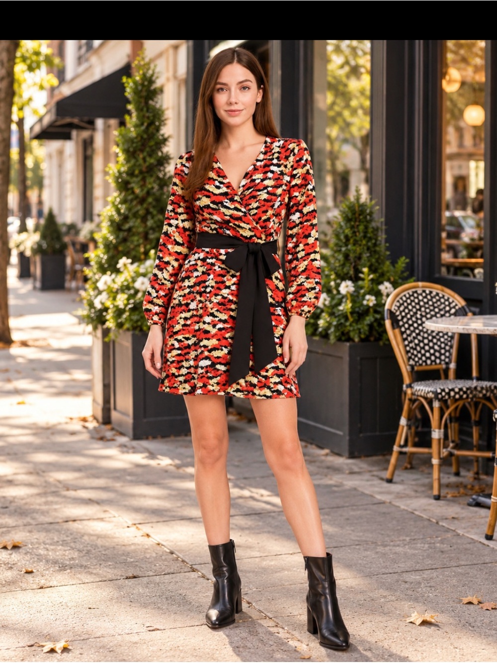 Black-Tie Waist Red Multi-Print Long-Sleeve Dress